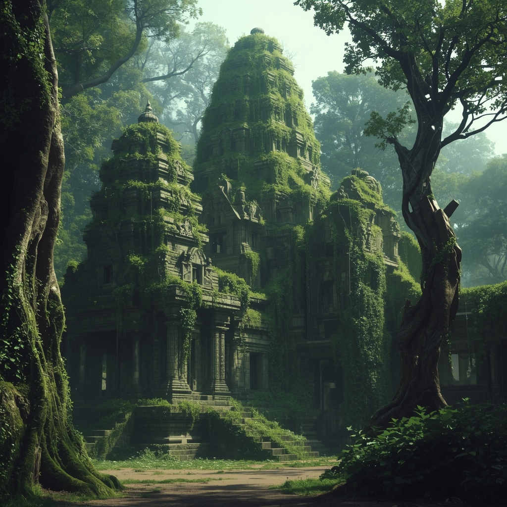 Prompt: A majestic ancient temple covered in vines, mystic lighting, hyperrealistic, cinematic, nano banana2 --no woman